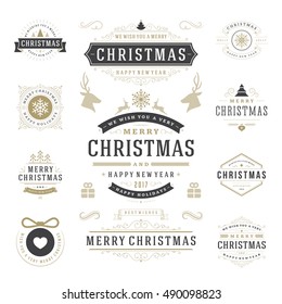 Christmas Labels and Badges Vector Design Elements Set. Holidays Wishes Retro Typography Greeting Cards, Posters and Flyers, Decoration objects and symbols, vintage ornaments.