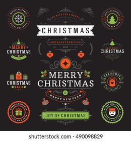 Christmas Labels and Badges Vector Design Elements Set. Holidays Wishes Retro Typography Greeting Cards, Posters and Flyers, Decoration objects and symbols, vintage ornaments.