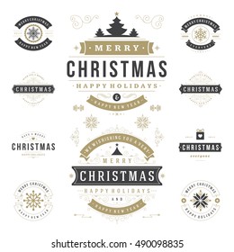 Christmas Labels and Badges Vector Design Elements Set. Merry Holidays Wishes Retro Typography Greeting Cards, Posters and Flyers, Decoration objects and symbols, vintage ornaments.