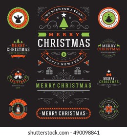 Christmas Labels and Badges Vector Design Elements Set. Holidays Wishes Retro Typography Greeting Cards, Posters and Flyers, Decoration objects and symbols, vintage ornaments.
