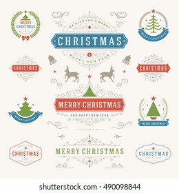 Christmas Labels and Badges Vector Design Elements Set. Holidays Wishes Retro Typography Greeting Cards, Posters and Flyers, Decoration objects and symbols, vintage ornaments.