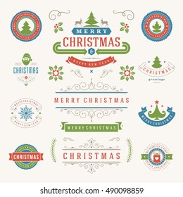 Christmas Labels and Badges Vector Design Elements Set. Holidays Wishes Retro Typography Greeting Cards, Posters and Flyers, Decoration objects and symbols, vintage ornaments.