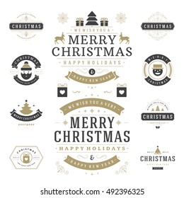 Christmas Labels and Badges Vector Design Elements Set. Merry Christmas and Holidays Wishes Retro Typography Greeting Cards, Posters and Flyers, Decoration objects and symbols, vintage ornaments.