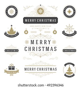 Christmas Labels and Badges Vector Design Elements Set. Merry Christmas and Holidays Wishes Retro Typography Greeting Cards, Posters and Flyers, Decoration objects and symbols, vintage ornaments.