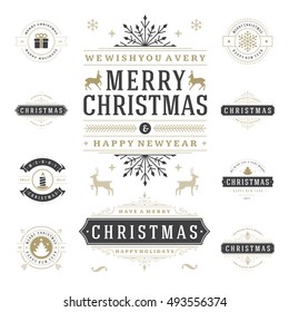 Conjunto de elementos de diseño vectorial de etiquetas y distintivos de Navidad. Feliz Navidad y Vacaciones Deseos de la Tipografía Retro Tarjetas de Saludo, Carteles y Volantes, Objetos y símbolos de Decoración, adornos antiguos.