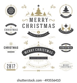 Christmas Labels and Badges Vector Design Elements Set. Merry Christmas and Holidays Wishes Retro Typography Greeting Cards, Posters and Flyers, Decoration objects and symbols, vintage ornaments.