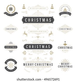 Christmas Labels and Badges Vector Design Elements Set. Merry Christmas and Holidays Wishes Retro Typography Decoration objects and symbols, vintage ornaments.