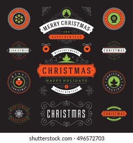 Christmas Labels and Badges Vector Design Elements Set. Merry Christmas and Holidays Wishes Retro Typography Decoration objects and symbols, vintage ornaments.
