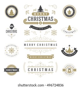 Christmas Labels and Badges Vector Design Elements Set. Merry Christmas and Holidays Wishes Retro Typography Greeting Cards Decoration objects and symbols, vintage ornaments.