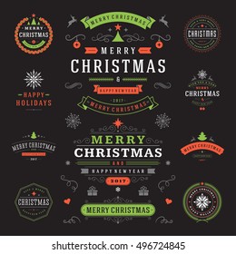 Christmas Labels and Badges Vector Design Elements Set. Merry Christmas and Holidays Wishes Retro Typography Greeting Cards Decoration objects and symbols, vintage ornaments.