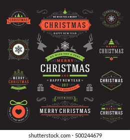 Christmas Labels and Badges Vector Design Elements Set. Merry Christmas and Holidays Wishes Retro Typography Decoration objects and symbols, vintage ornaments.