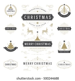 Christmas Labels and Badges Vector Design Elements Set. Merry Christmas and Holidays Wishes Retro Typography Decoration objects and symbols, vintage ornaments.