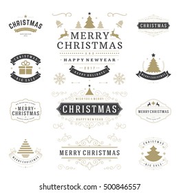 Christmas Labels and Badges Vector Design Elements Set. Merry Christmas and Holidays Wishes Retro Typography Decoration objects and symbols, vintage ornaments.