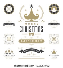 Christmas Labels and Badges Vector Design Elements Set. Merry Christmas and Holidays Wishes Retro Typography Decoration objects and symbols, vintage ornaments.