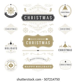 Christmas Labels and Badges Vector Design Elements Set. Merry Christmas and Holidays Wishes Retro Typography Decoration objects and symbols, vintage ornaments.