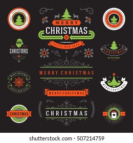 Christmas Labels and Badges Vector Design Elements Set. Merry Christmas and Holidays Wishes Retro Typography Decoration objects and symbols, vintage ornaments.