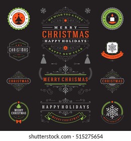 Christmas Labels and Badges Vector Design Elements Set. Merry Christmas and Holidays Wishes Retro Typography Decoration objects and symbols, vintage ornaments.