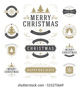 Christmas Labels and Badges Vector Design Elements Set. Merry Christmas and Holidays Wishes Retro Typography Decoration objects and symbols, vintage ornaments.