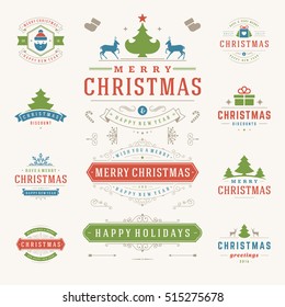 Christmas Labels and Badges Vector Design Elements Set. Merry Christmas and Holidays Wishes Retro Typography Decoration objects and symbols, vintage ornaments.