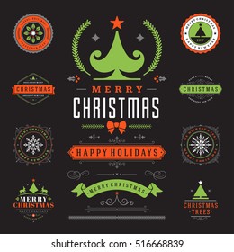 Christmas Labels and Badges Vector Design Elements Set. Merry Christmas and Holidays Wishes Retro Typography Decoration objects and symbols, vintage ornaments.