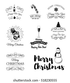 Christmas Labels and Badges Vector Design. Mittens, Champagne Glass. Snowman, X-mas Tree. Candy Cane. Typographic Merry Christmas and Happy Holidays wishes.