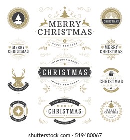 Christmas Labels and Badges Vector Design Elements Set. Merry Christmas and Holidays Wishes Retro Typography Decoration objects and symbols, vintage ornaments.