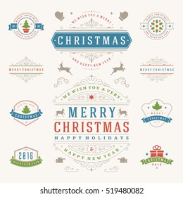 Christmas Labels and Badges Vector Design Elements Set. Merry Christmas and Holidays Wishes Retro Typography Decoration objects and symbols, vintage ornaments.
