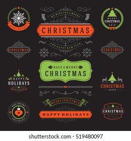 Christmas Labels and Badges Vector Design Elements Set. Merry Christmas and Holidays Wishes Retro Typography Decoration objects and symbols, vintage ornaments.