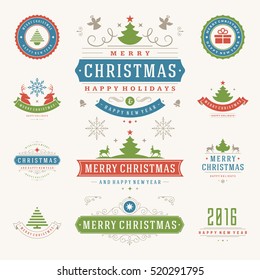 Christmas Labels and Badges Vector Design Elements Set. Merry Christmas and Holidays Wishes Retro Typography Decoration objects and symbols, vintage ornaments.