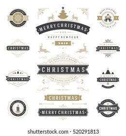 Christmas Labels and Badges Vector Design Elements Set. Merry Christmas and Holidays Wishes Retro Typography Decoration objects and symbols, vintage ornaments.