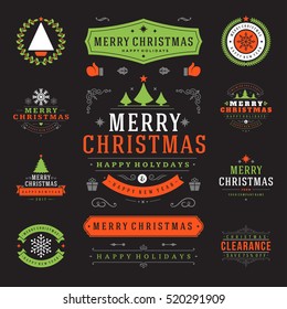 Christmas Labels and Badges Vector Design Elements Set. Merry Christmas and Holidays Wishes Retro Typography Decoration objects and symbols, vintage ornaments.