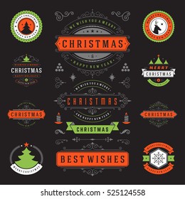 Christmas Labels and Badges Vector Design Elements Set. Merry Christmas and Holidays Wishes Retro Typography Decoration objects and symbols, vintage ornaments.