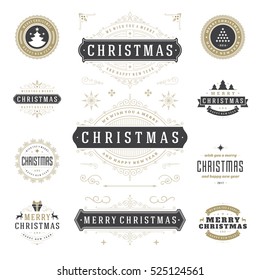 Christmas Labels and Badges Vector Design Elements Set. Merry Christmas and Holidays Wishes Retro Typography Decoration objects and symbols, vintage ornaments.