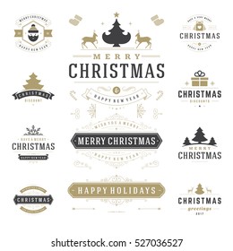 Christmas Labels and Badges Vector Design Elements Set. Merry Christmas and Holidays Wishes Retro Typography Decoration objects and symbols, vintage ornaments.