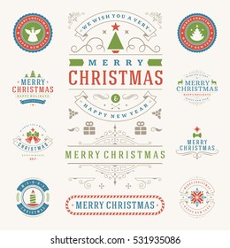 Christmas Labels and Badges Vector Design Elements Set. Merry Christmas and Holidays Wishes Retro Typography Decoration objects and symbols, vintage ornaments.