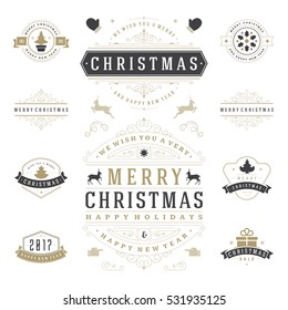 Christmas Labels and Badges Vector Design Elements Set. Merry Christmas and Holidays Wishes Retro Typography Decoration objects and symbols, vintage ornaments.
