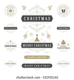 Christmas Labels and Badges Vector Design Elements Set. Merry Christmas and Holidays Wishes Retro Typography Decoration objects and symbols, vintage ornaments.