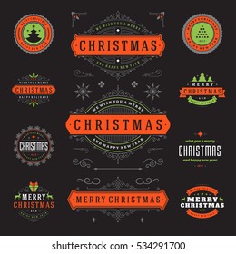 Christmas Labels and Badges Vector Design Elements Set. Merry Christmas and Holidays Wishes Retro Typography Decoration objects and symbols, vintage ornaments.
