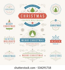 Christmas Labels and Badges Vector Design Elements Set. Merry Christmas and Holidays Wishes Retro Typography Decoration objects and symbols, vintage ornaments.