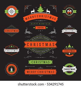 Christmas Labels and Badges Vector Design Elements Set. Merry Christmas and Holidays Wishes Retro Typography Decoration objects and symbols, vintage ornaments.