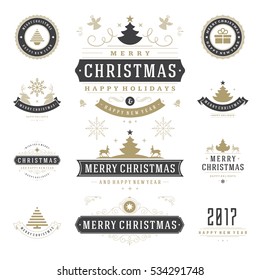Christmas Labels and Badges Vector Design Elements Set. Merry Christmas and Holidays Wishes Retro Typography Decoration objects and symbols, vintage ornaments.
