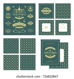 Christmas labels and badges vector design elements set and greeting cards templates. Merry Christmas and Holidays wishes retro typography decoration objects, vintage ornaments.