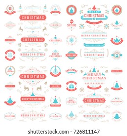 Christmas labels and badges vector design elements set. Merry Christmas and Holidays wishes retro typography decoration objects and symbols, vintage ornaments.