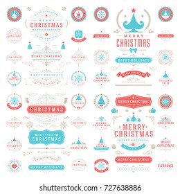 Christmas labels and badges vector design elements set. Merry Christmas and Holidays wishes retro typography decoration objects and symbols, vintage ornaments.