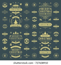 Christmas labels and badges vector design elements set. Merry Christmas and Holidays wishes retro typography decoration objects and symbols, vintage ornaments.