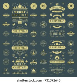 Christmas labels and badges vector design elements set. Merry Christmas and Holidays wishes retro typography decoration objects and symbols, vintage ornaments.