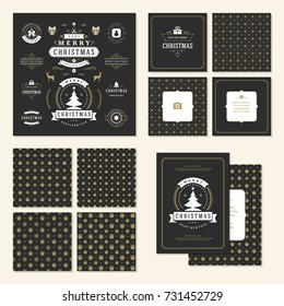 Christmas labels and badges vector design elements set and greeting cards templates. Merry Christmas and Holidays wishes retro typography decoration objects, vintage ornaments.