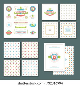 Christmas labels and badges vector design elements set and greeting cards templates. Merry Christmas and Holidays wishes retro typography decoration objects, vintage ornaments.