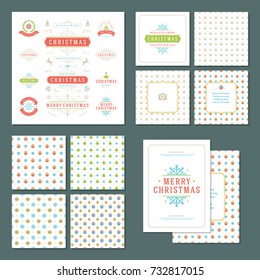 Christmas labels and badges vector design elements set and greeting cards templates. Merry Christmas and Holidays wishes retro typography decoration objects, vintage ornaments.