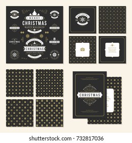 Christmas labels and badges vector design elements set and greeting cards templates. Merry Christmas and Holidays wishes retro typography decoration objects, vintage ornaments.